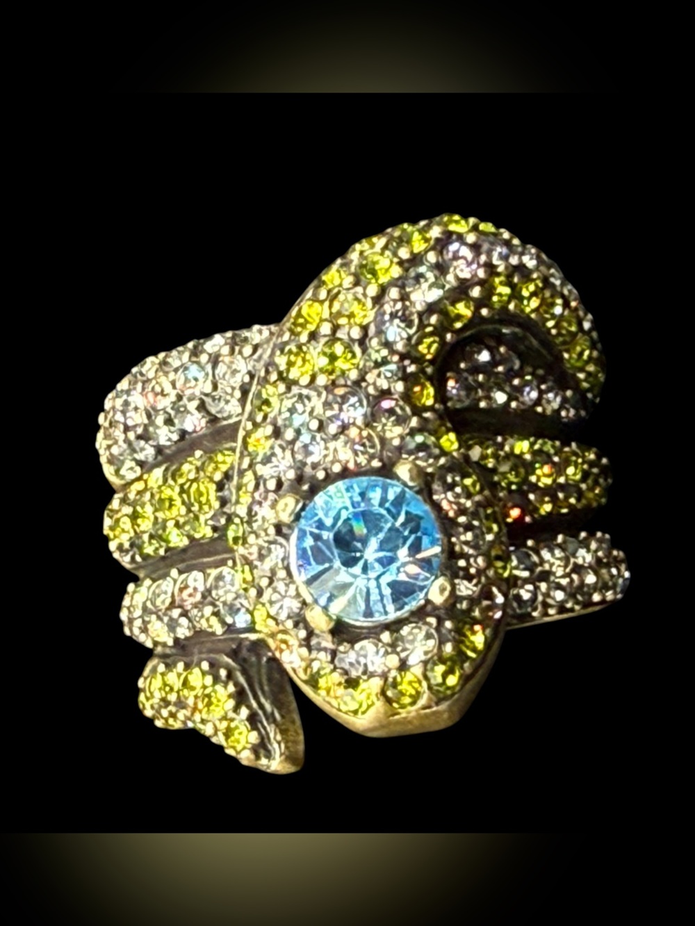 Heidi Daus Gold-Tone Snake Ring Blue Center Crystal Green Pavé 6.25